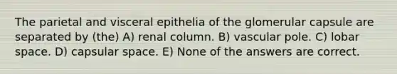 The parietal and visceral epithelia of the glomerular capsule are separated by (the) A) renal column. B) vascular pole. C) lobar space. D) capsular space. E) None of the answers are correct.