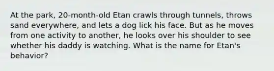 At the park, 20-month-old Etan crawls through tunnels, throws sand everywhere, and lets a dog lick his face. But as he moves from one activity to another, he looks over his shoulder to see whether his daddy is watching. What is the name for Etan's behavior?