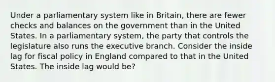 Under a parliamentary system like in​ Britain, there are fewer checks and balances on the government than in the United States. In a parliamentary​ system, the party that controls the legislature also runs the executive branch. Consider the inside lag for fiscal policy in England compared to that in the United States. The inside lag would be?