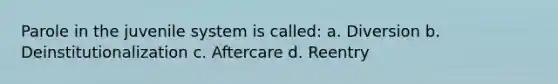 Parole in the juvenile system is called: a. Diversion b. Deinstitutionalization c. Aftercare d. Reentry