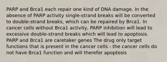 PARP and Brca1 each repair one kind of DNA damage. In the absence of PARP activity single-strand breaks will be converted to double-strand breaks, which can be repaired by Brca1. In cancer cells without Brca1 activity, PARP inhibition will lead to excessive double-strand breaks which will lead to apoptosis. PARP and Brca1 are caretaker genes The drug only target functions that is present in the cancer cells - the cancer cells do not have Brca1 function and will therefor apoptosis