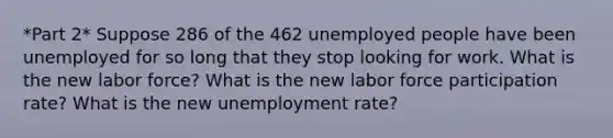 *Part 2* Suppose 286 of the 462 unemployed people have been unemployed for so long that they stop looking for work. What is the new labor force? What is the new labor force participation rate? What is the new unemployment rate?