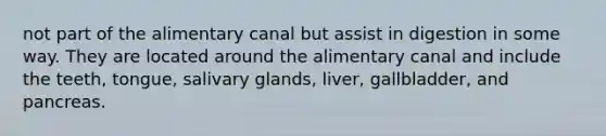 not part of the alimentary canal but assist in digestion in some way. They are located around the alimentary canal and include the teeth, tongue, salivary glands, liver, gallbladder, and pancreas.