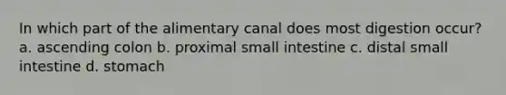 In which part of the alimentary canal does most digestion occur? a. ascending colon b. proximal small intestine c. distal small intestine d. stomach