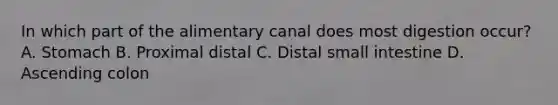 In which part of the alimentary canal does most digestion occur? A. Stomach B. Proximal distal C. Distal small intestine D. Ascending colon