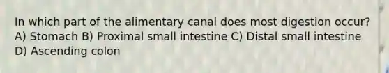 In which part of the alimentary canal does most digestion occur? A) Stomach B) Proximal small intestine C) Distal small intestine D) Ascending colon