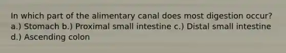 In which part of the alimentary canal does most digestion occur? a.) Stomach b.) Proximal small intestine c.) Distal small intestine d.) Ascending colon