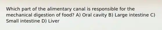 Which part of the alimentary canal is responsible for the mechanical digestion of food? A) Oral cavity B) Large intestine C) Small intestine D) Liver