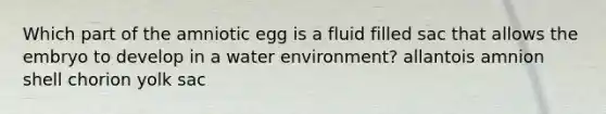 Which part of the amniotic egg is a fluid filled sac that allows the embryo to develop in a water environment? allantois amnion shell chorion yolk sac