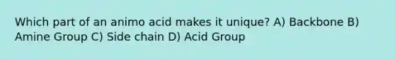 Which part of an animo acid makes it unique? A) Backbone B) Amine Group C) Side chain D) Acid Group