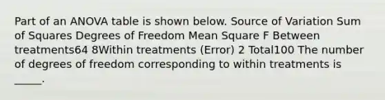 Part of an ANOVA table is shown below. Source of Variation Sum of Squares Degrees of Freedom Mean Square F Between treatments64 8Within treatments (Error) 2 Total100 The number of degrees of freedom corresponding to within treatments is _____.