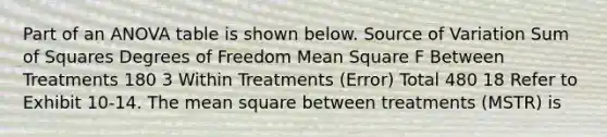 Part of an ANOVA table is shown below. Source of Variation Sum of Squares Degrees of Freedom Mean Square F Between Treatments 180 3 Within Treatments (Error) Total 480 18 Refer to Exhibit 10-14. The mean square between treatments (MSTR) is