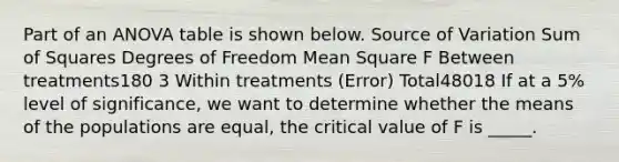 Part of an ANOVA table is shown below. Source of Variation <a href='https://www.questionai.com/knowledge/k1Z9hdLZpo-sum-of-squares' class='anchor-knowledge'>sum of squares</a> Degrees of Freedom Mean Square F Between treatments180 3 Within treatments (Error) Total48018 If at a 5% level of significance, we want to determine whether the means of the populations are equal, the critical value of F is _____.