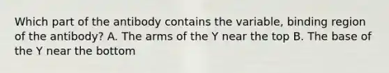 Which part of the antibody contains the variable, binding region of the antibody? A. The arms of the Y near the top B. The base of the Y near the bottom