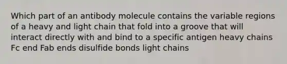 Which part of an antibody molecule contains the variable regions of a heavy and light chain that fold into a groove that will interact directly with and bind to a specific antigen heavy chains Fc end Fab ends disulfide bonds light chains