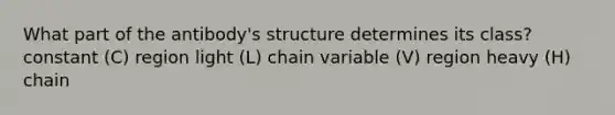 What part of the antibody's structure determines its class? constant (C) region light (L) chain variable (V) region heavy (H) chain