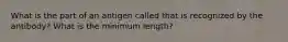 What is the part of an antigen called that is recognized by the antibody? What is the minimum length?