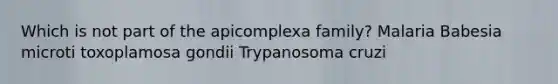 Which is not part of the apicomplexa family? Malaria Babesia microti toxoplamosa gondii Trypanosoma cruzi