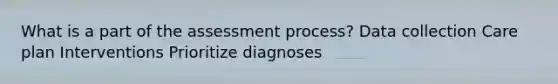 What is a part of the assessment process? Data collection Care plan Interventions Prioritize diagnoses