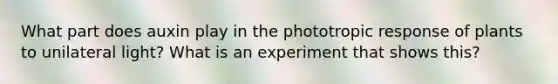 What part does auxin play in the phototropic response of plants to unilateral light? What is an experiment that shows this?