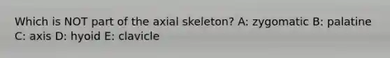 Which is NOT part of the axial skeleton? A: zygomatic B: palatine C: axis D: hyoid E: clavicle