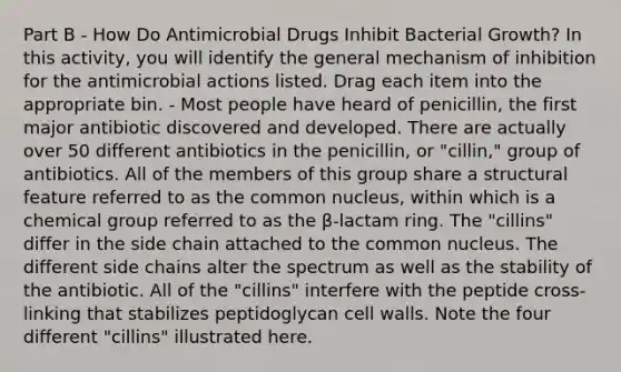 Part B - How Do Antimicrobial Drugs Inhibit Bacterial Growth? In this activity, you will identify the general mechanism of inhibition for the antimicrobial actions listed. Drag each item into the appropriate bin. - Most people have heard of penicillin, the first major antibiotic discovered and developed. There are actually over 50 different antibiotics in the penicillin, or "cillin," group of antibiotics. All of the members of this group share a structural feature referred to as the common nucleus, within which is a chemical group referred to as the β-lactam ring. The "cillins" differ in the side chain attached to the common nucleus. The different side chains alter the spectrum as well as the stability of the antibiotic. All of the "cillins" interfere with the peptide cross-linking that stabilizes peptidoglycan cell walls. Note the four different "cillins" illustrated here.