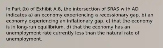 In Part (b) of Exhibit A.8, the intersection of SRAS with AD indicates a) an economy experiencing a recessionary gap. b) an economy experiencing an inflationary gap. c) that the economy is in long-run equilibrium. d) that the economy has an <a href='https://www.questionai.com/knowledge/kh7PJ5HsOk-unemployment-rate' class='anchor-knowledge'>unemployment rate</a> currently <a href='https://www.questionai.com/knowledge/k7BtlYpAMX-less-than' class='anchor-knowledge'>less than</a> the natural rate of unemployment.