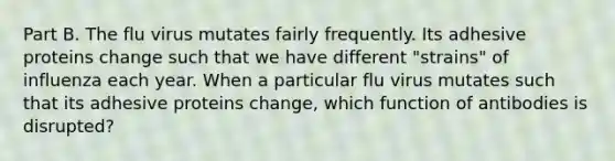 Part B. The flu virus mutates fairly frequently. Its adhesive proteins change such that we have different "strains" of influenza each year. When a particular flu virus mutates such that its adhesive proteins change, which function of antibodies is disrupted?