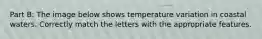 Part B: The image below shows temperature variation in coastal waters. Correctly match the letters with the appropriate features.