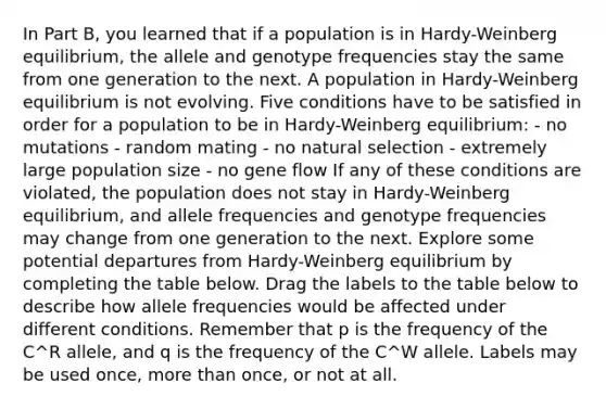 In Part B, you learned that if a population is in Hardy-Weinberg equilibrium, the allele and genotype frequencies stay the same from one generation to the next. A population in Hardy-Weinberg equilibrium is not evolving. Five conditions have to be satisfied in order for a population to be in Hardy-Weinberg equilibrium: - no mutations - random mating - no natural selection - extremely large population size - no gene flow If any of these conditions are violated, the population does not stay in Hardy-Weinberg equilibrium, and allele frequencies and genotype frequencies may change from one generation to the next. Explore some potential departures from Hardy-Weinberg equilibrium by completing the table below. Drag the labels to the table below to describe how allele frequencies would be affected under different conditions. Remember that p is the frequency of the C^R allele, and q is the frequency of the C^W allele. Labels may be used once, more than once, or not at all.