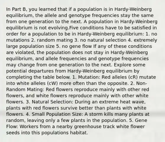 In Part B, you learned that if a population is in Hardy-Weinberg equilibrium, the allele and genotype frequencies stay the same from one generation to the next. A population in Hardy-Weinberg equilibrium is not evolving.Five conditions have to be satisfied in order for a population to be in Hardy-Weinberg equilibrium: 1. no mutations 2. random mating 3. no natural selection 4. extremely large population size 5. no gene flow If any of these conditions are violated, the population does not stay in Hardy-Weinberg equilibrium, and allele frequencies and genotype frequencies may change from one generation to the next. Explore some potential departures from Hardy-Weinberg equilibrium by completing the table below. 1. Mutation: Red alleles (cR) mutate into white alleles (cW) more often than the opposite. 2. Non-Random Mating: Red flowers reproduce mainly with other red flowers, and white flowers reproduce mainly with other white flowers. 3. Natural Selection: During an extreme heat wave, plants with red flowers survive better than plants with white flowers. 4. Small Population Size: A storm kills many plants at random, leaving only a few plants in the population. 5. Gene Flow: Workers from a nearby greenhouse track white flower seeds into this populations habitat.