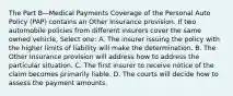 The Part B—Medical Payments Coverage of the Personal Auto Policy (PAP) contains an Other Insurance provision. If two automobile policies from different insurers cover the same owned vehicle, Select one: A. The insurer issuing the policy with the higher limits of liability will make the determination. B. The Other Insurance provision will address how to address the particular situation. C. The first insurer to receive notice of the claim becomes primarily liable. D. The courts will decide how to assess the payment amounts.