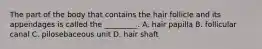 The part of the body that contains the hair follicle and its appendages is called the _________. A. hair papilla B. follicular canal C. pilosebaceous unit D. hair shaft