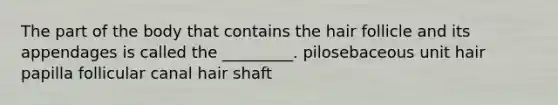 The part of the body that contains the hair follicle and its appendages is called the _________. pilosebaceous unit hair papilla follicular canal hair shaft