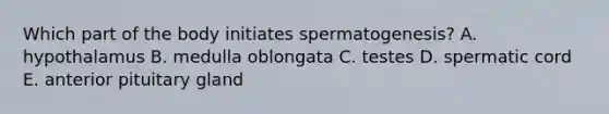 Which part of the body initiates spermatogenesis? A. hypothalamus B. medulla oblongata C. testes D. spermatic cord E. anterior pituitary gland