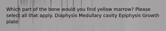 Which part of the bone would you find yellow marrow? Please select all that apply. Diaphysis Medullary cavity Epiphysis Growth plate