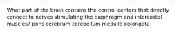 What part of the brain contains the control centers that directly connect to nerves stimulating the diaphragm and intercostal muscles? pons cerebrum cerebellum medulla oblongata