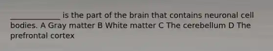 _____________ is the part of the brain that contains neuronal cell bodies. A Gray matter B White matter C The cerebellum D The prefrontal cortex