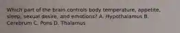 Which part of the brain controls body temperature, appetite, sleep, sexual desire, and emotions? A. Hypothalamus B. Cerebrum C. Pons D. Thalamus