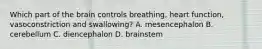 Which part of the brain controls breathing, heart function, vasoconstriction and swallowing? A. mesencephalon B. cerebellum C. diencephalon D. brainstem