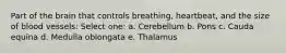 Part of the brain that controls breathing, heartbeat, and the size of blood vessels: Select one: a. Cerebellum b. Pons c. Cauda equina d. Medulla oblongata e. Thalamus