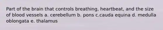 Part of the brain that controls breathing, heartbeat, and the size of blood vessels a. cerebellum b. pons c.cauda equina d. medulla oblongata e. thalamus