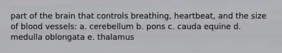 part of the brain that controls breathing, heartbeat, and the size of blood vessels: a. cerebellum b. pons c. cauda equine d. medulla oblongata e. thalamus