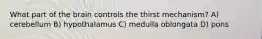 What part of the brain controls the thirst mechanism? A) cerebellum B) hypothalamus C) medulla oblongata D) pons