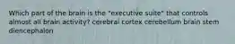 Which part of the brain is the "executive suite" that controls almost all brain activity? cerebral cortex cerebellum brain stem diencephalon