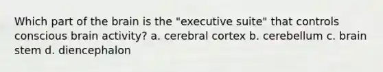 Which part of the brain is the "executive suite" that controls conscious brain activity? a. cerebral cortex b. cerebellum c. brain stem d. diencephalon