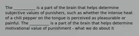 The ___________ is a part of the brain that helps determine subjective values of punishers, such as whether the intense heat of a chili pepper on the tongue is perceived as pleasurable or painful. The __________ is a part of the brain that helps determine motivational value of punishment - what we do about it