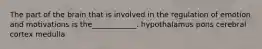 The part of the brain that is involved in the regulation of emotion and motivations is the____________. hypothalamus pons cerebral cortex medulla
