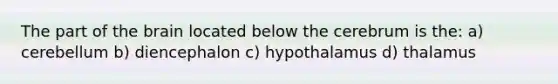 The part of the brain located below the cerebrum is the: a) cerebellum b) diencephalon c) hypothalamus d) thalamus