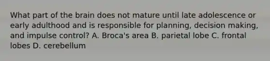 What part of the brain does not mature until late adolescence or early adulthood and is responsible for planning, decision making, and impulse control? A. Broca's area B. parietal lobe C. frontal lobes D. cerebellum